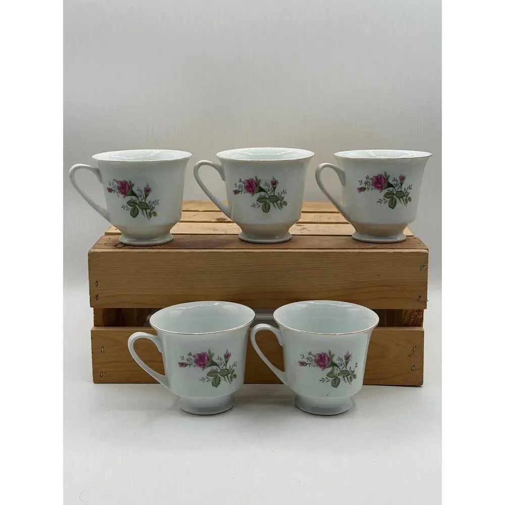 Vintage Pink Rose Porcelain Teacups with Gold Trim – Set of 5